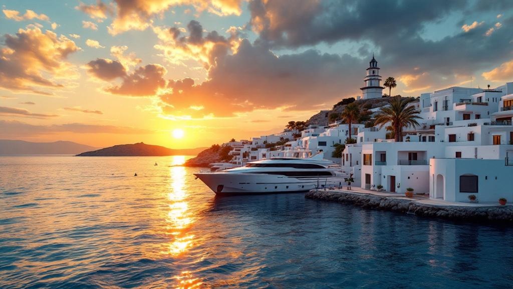 Vista panor&aacute;mica de Ibiza al atardecer con edificios blancos y el mar Mediterr&aacute;neo